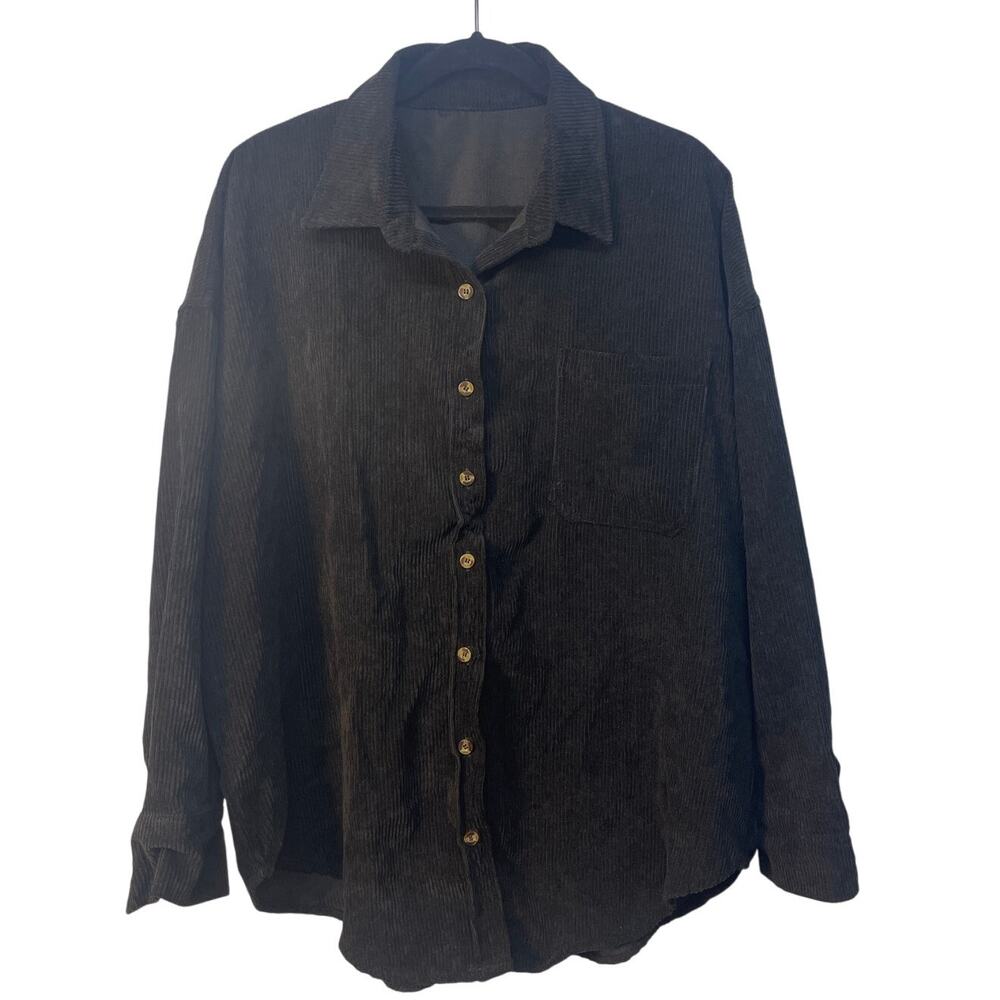 Men's Long Sleeve Low Shoulder Corduroy Button‎ Up Black Shirt Size XL
